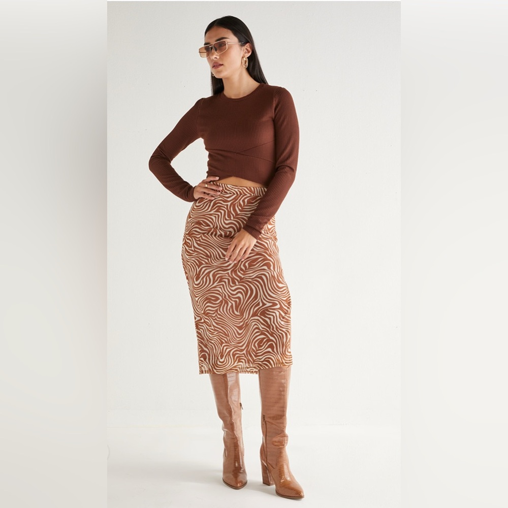 New Francescas Robbie Animal Patterned Mesh Brown Patterned Women's MidiSkirt